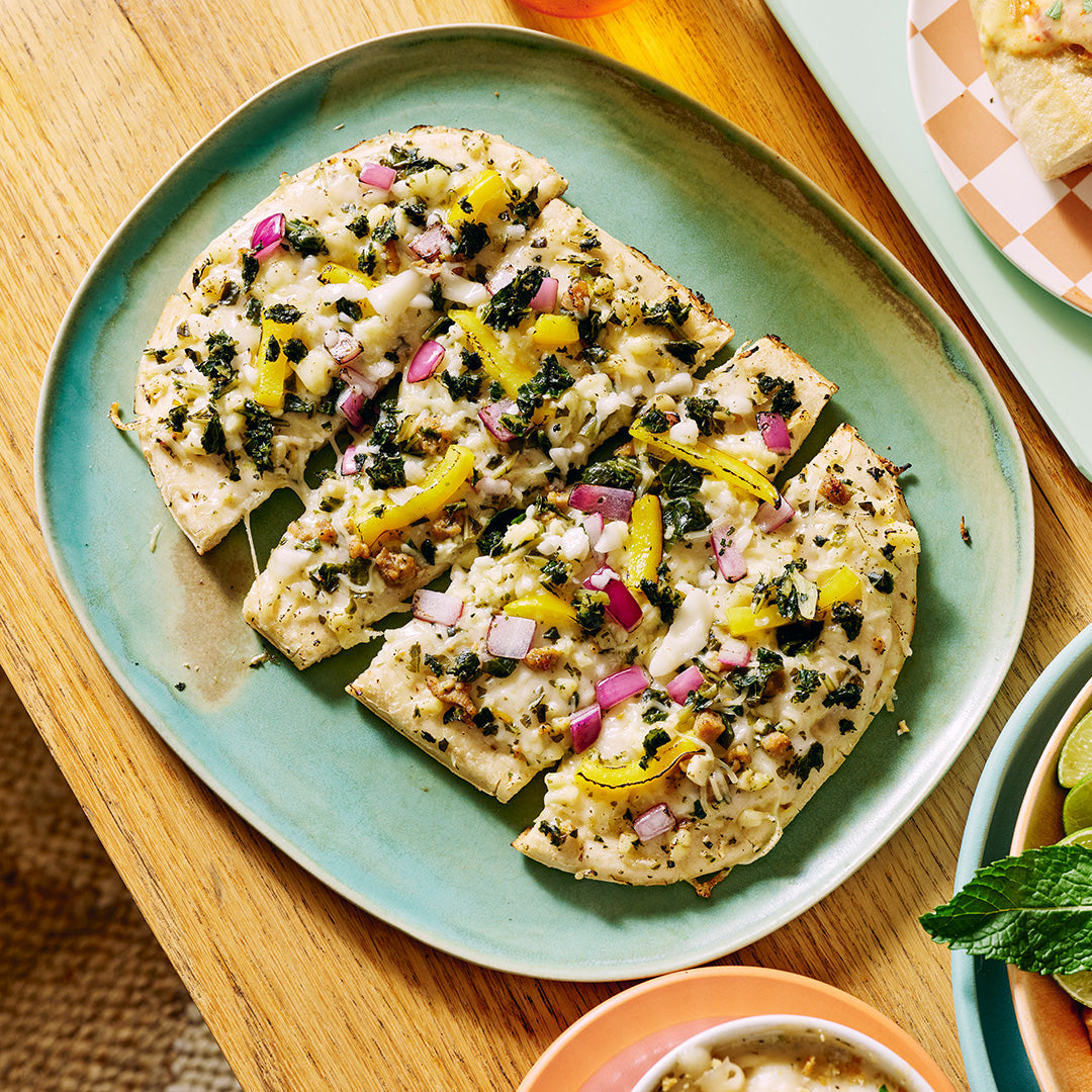 Meatless Italian Sausage Style Crumbles, Roasted Pepper & Kale Flatbread